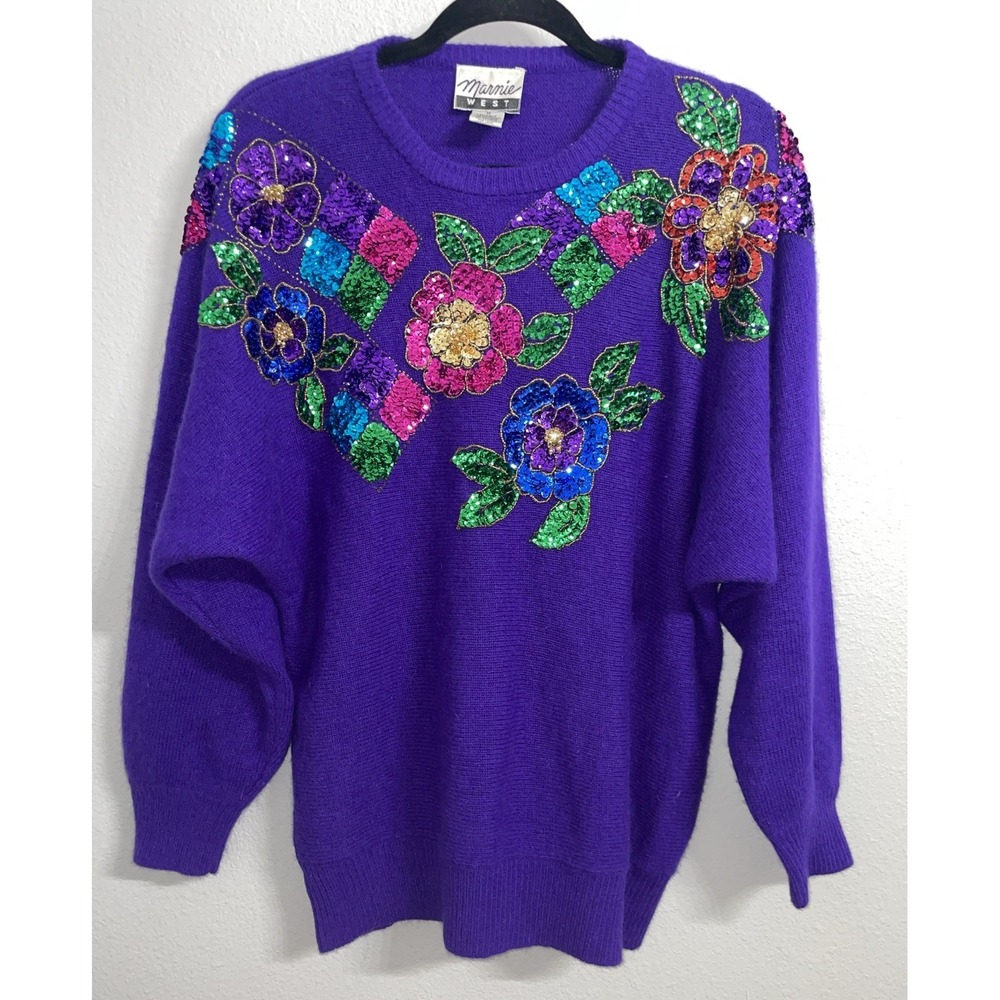 Vintage Marnie West Lambs‎ Wool Purple Sequined Floral Sweater